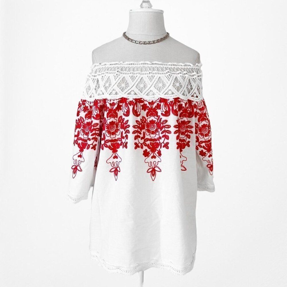 White Off The Shoulder Floral Lace Babydoll Style Cutout Blouse Top Dress Size M - Picture 3 of 6